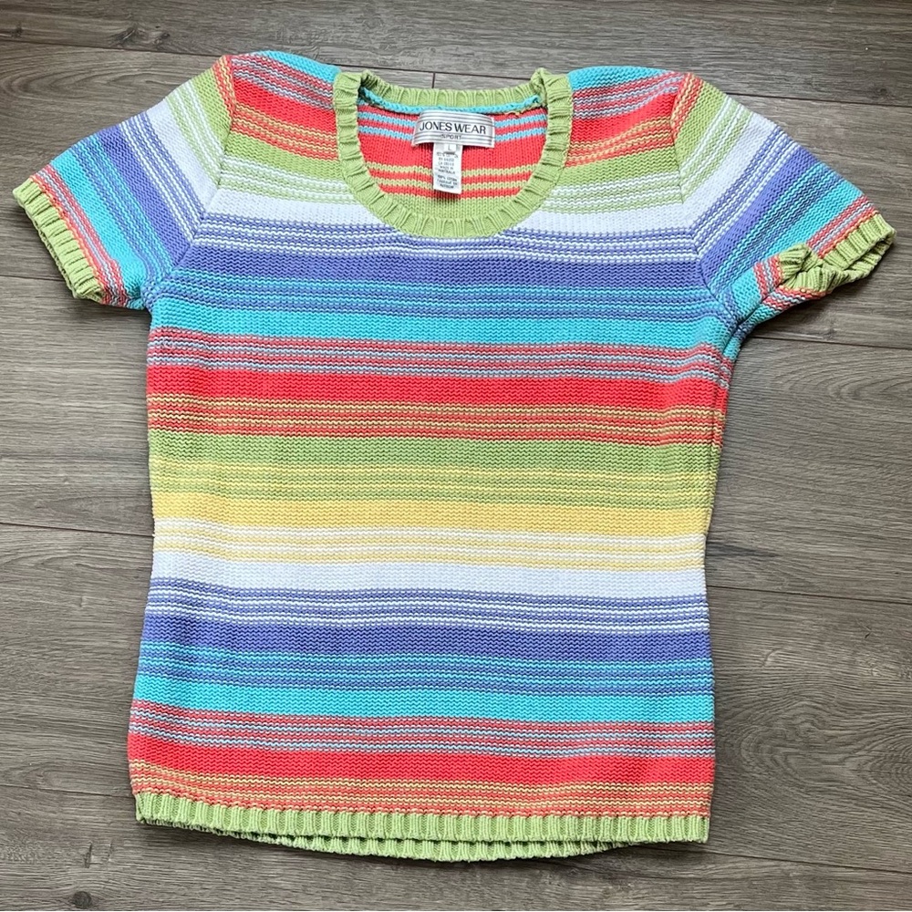 Vintage Jones Wear Sport Colorful Striped Knit Short Sleeve Sweater Large 90s